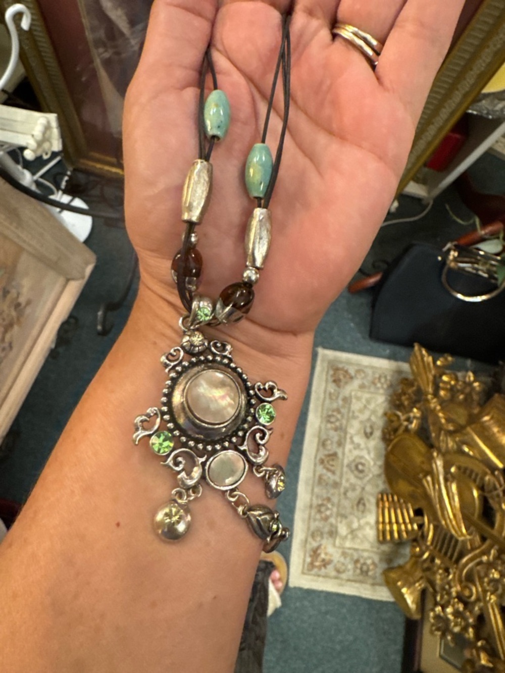 Bohemian Silver-Tone Pendant Necklace with Green Accents